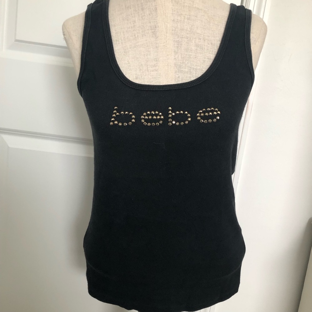 bebe Black Gold Rhinestone Stud Logo Tank Top